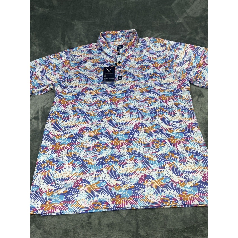 Construct‎ Polo Shirt Men 2XL Short Sleeve Waves Dragon Dry Performance Golf New